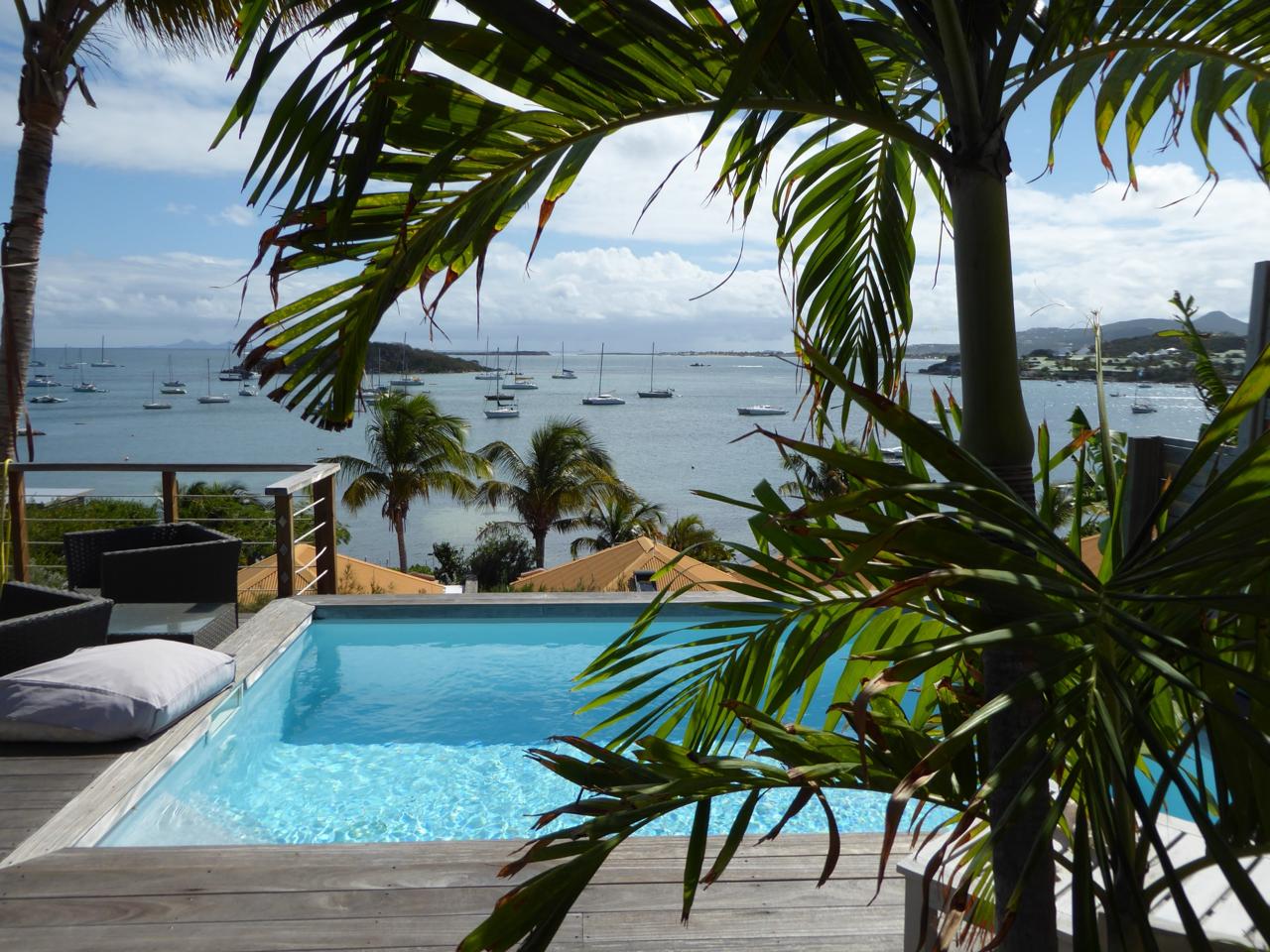 Piscine et terrasse sous les palmiers, vue sur la baie de Cul-de-Sac